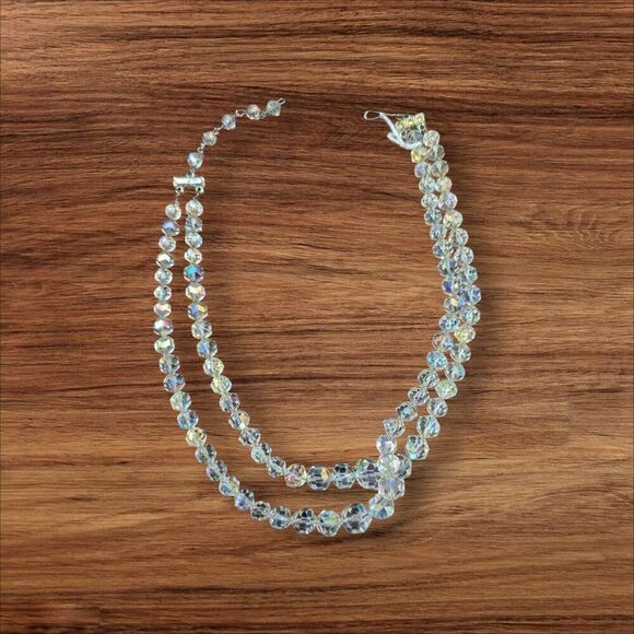 Vintage Double-Strand Crystal Beaded Choker Necklace 15" Aurora Borealis Sparkle - Picture 2 of 6